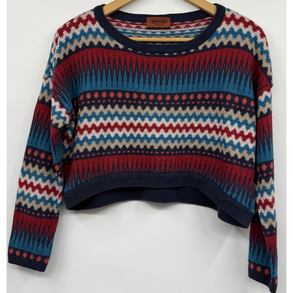 Vintage Missoni Cropped Knit Chevron Women's Crewneck Sweater SZ M Made In Italy